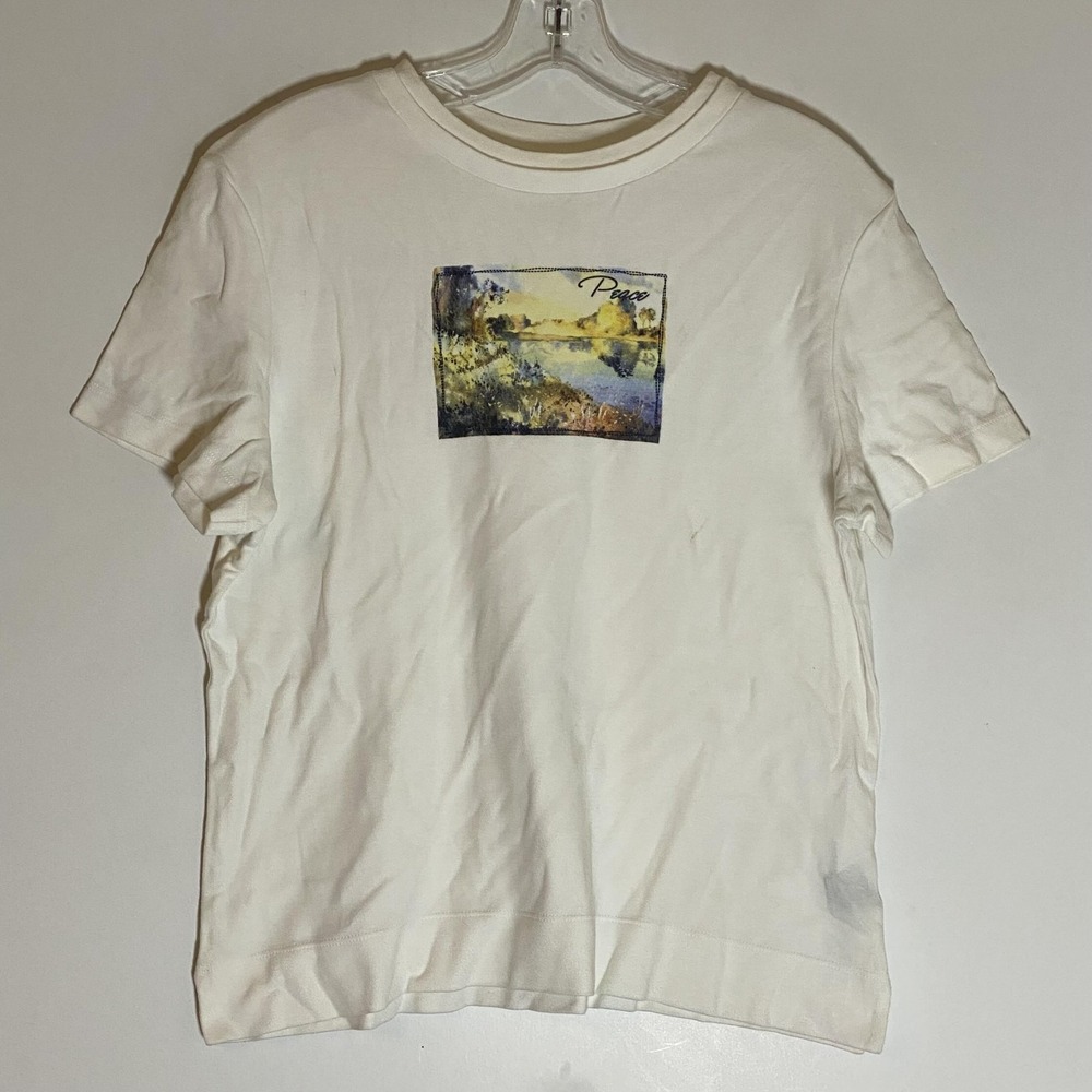 Westbound Peace Landscape Top‎ Womens Medium White Graphic Tee Cotton Crew Y2K